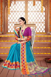 Shop Elegant Blue Cotton Silk Woven Saree